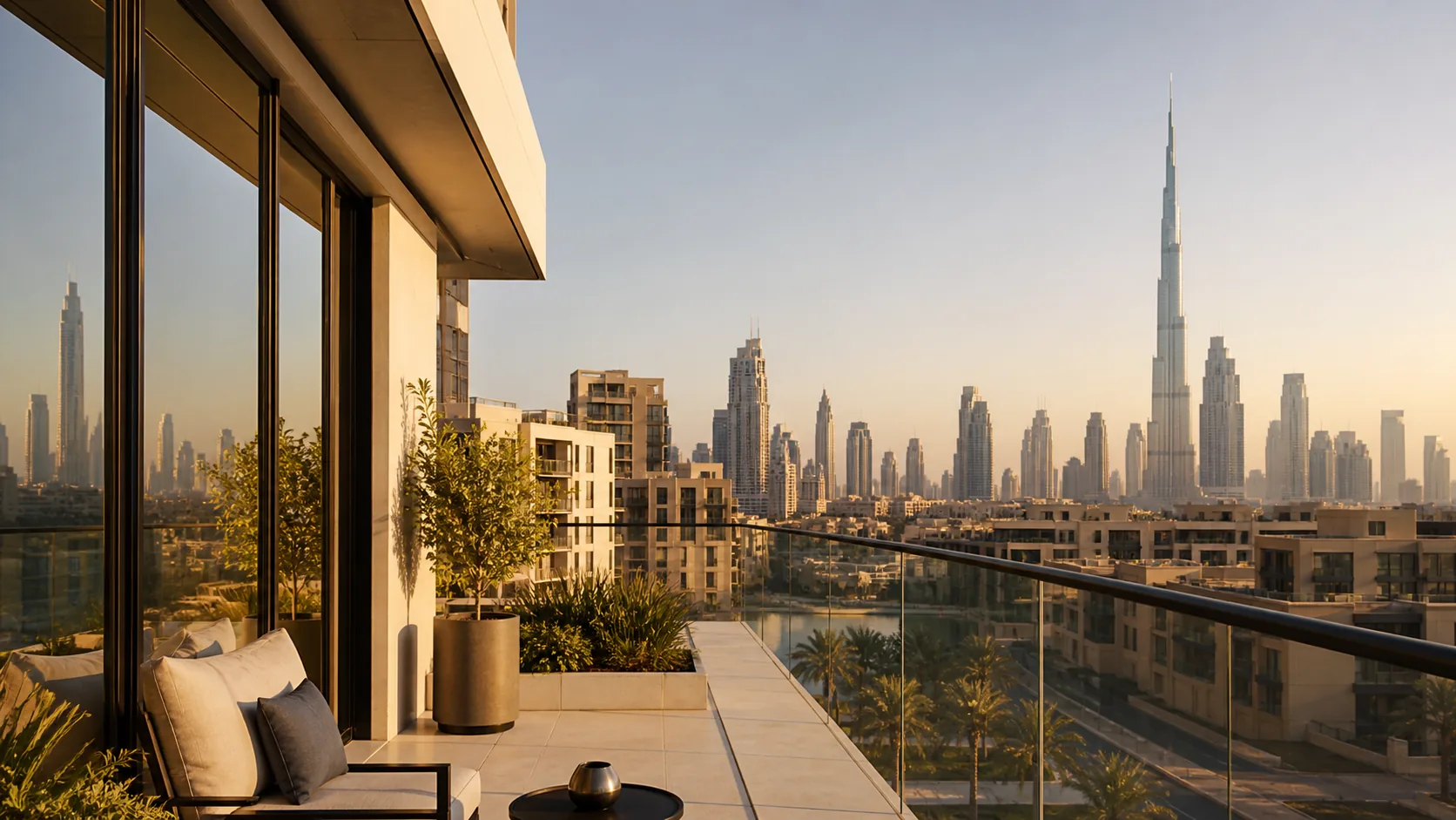 Dubai silüetine bakan modern bir konut terası — 2026 Dubai ev yatırımı