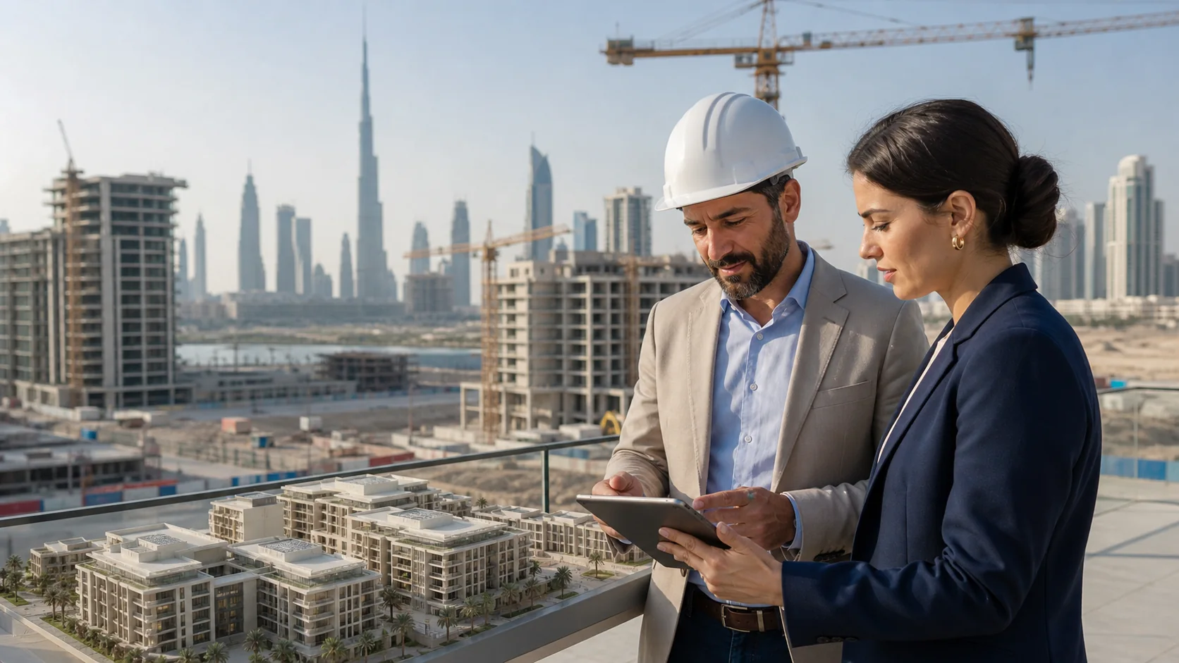 Dubai'de off-plan konut projesini inceleyen Türk yatırımcı ve proje danışmanı